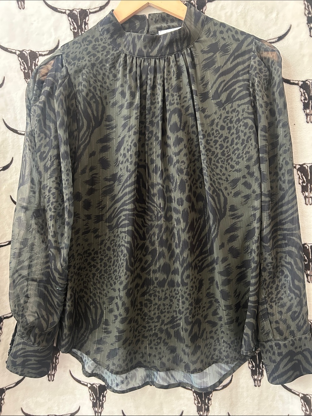 Another Love Olive Animal Print Metallic Sheer Mock Neck Blouse S